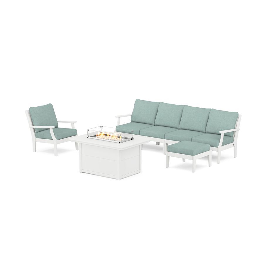 POLYWOOD Braxton Sectional Lounge and Fire Pit Set in White / Glacier Spa