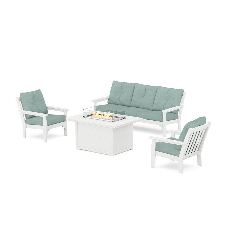 POLYWOOD Vineyard Deep Seating Fire Pit Table Set in White / Glacier Spa