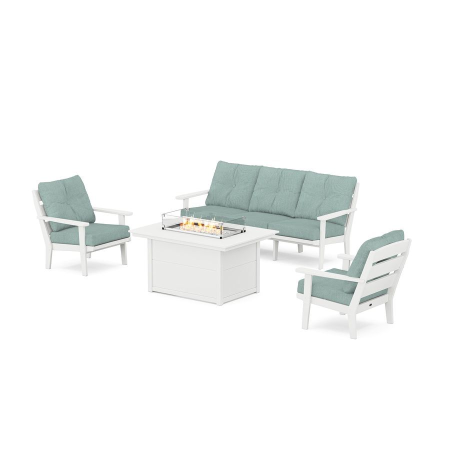 POLYWOOD Lakeside Deep Seating Fire Pit Table Set in White / Glacier Spa