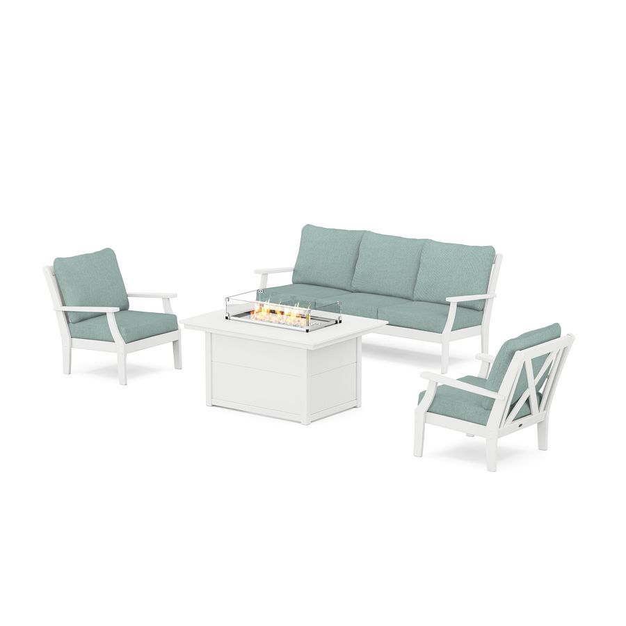 POLYWOOD Braxton Deep Seating Fire Pit Table Set in White / Glacier Spa