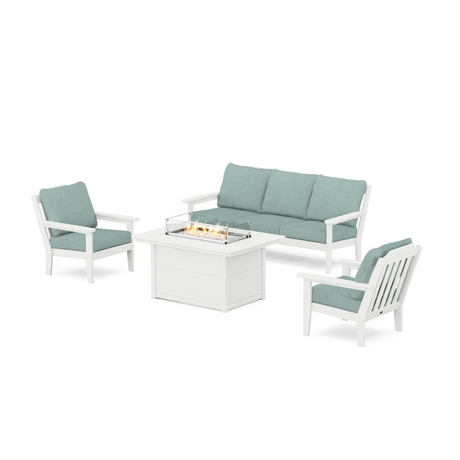 POLYWOOD Country Living Deep Seating Fire Pit Table Set in White / Glacier Spa