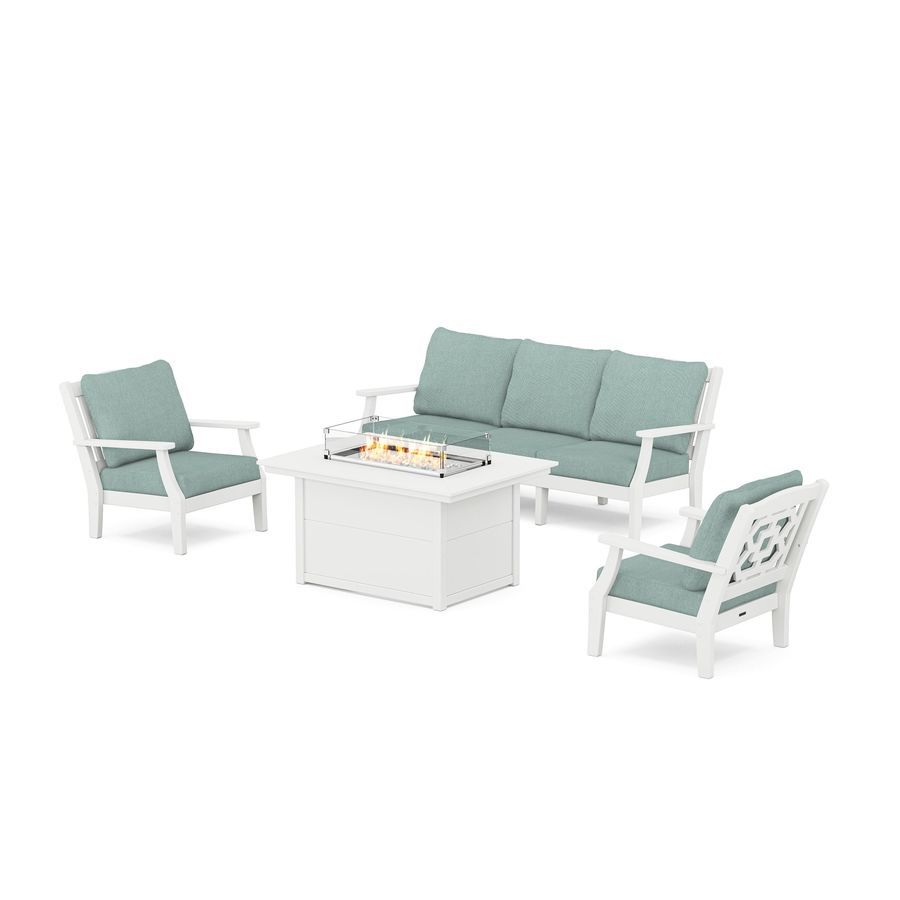 POLYWOOD Chinoiserie Deep Seating Fire Pit Table Set in White / Glacier Spa