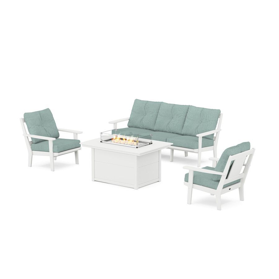 POLYWOOD Prairie Deep Seating Fire Pit Table Set in White / Glacier Spa