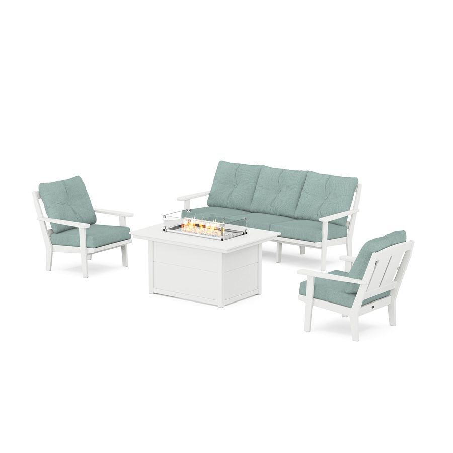 POLYWOOD Mission Deep Seating Fire Pit Table Set in White / Glacier Spa