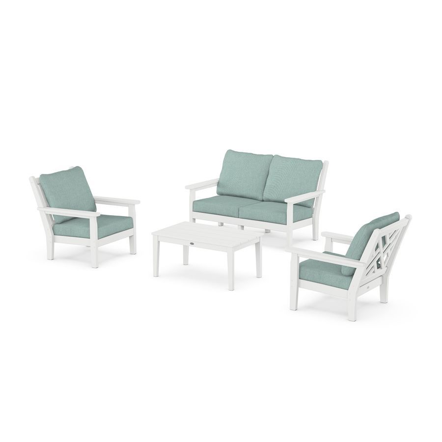 POLYWOOD Chippendale 4-Piece Deep Seating Set with Loveseat in White / Glacier Spa