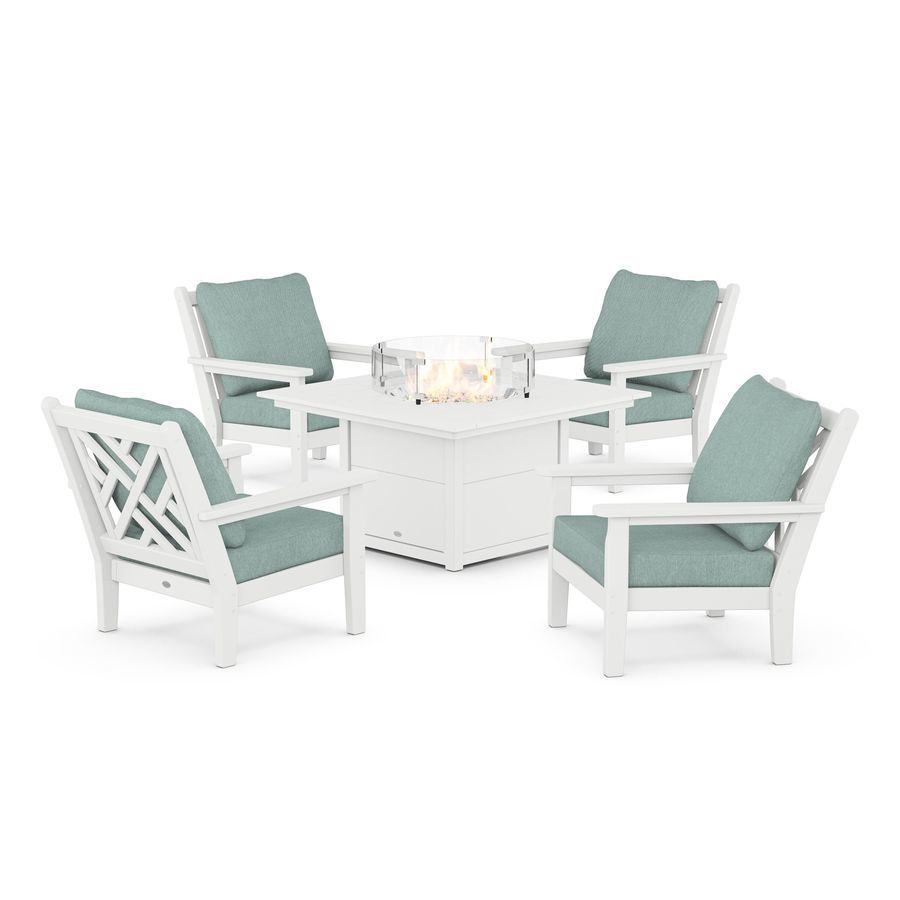 POLYWOOD Chippendale 5-Piece Deep Seating Set with Fire Pit Table in White / Glacier Spa