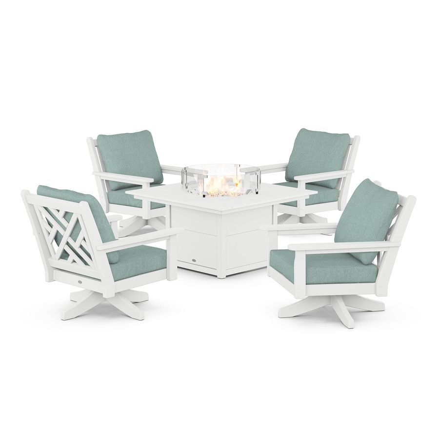 POLYWOOD Chippendale 5-Piece Deep Seating Swivel Conversation Set with Fire Pit Table in White / Glacier Spa