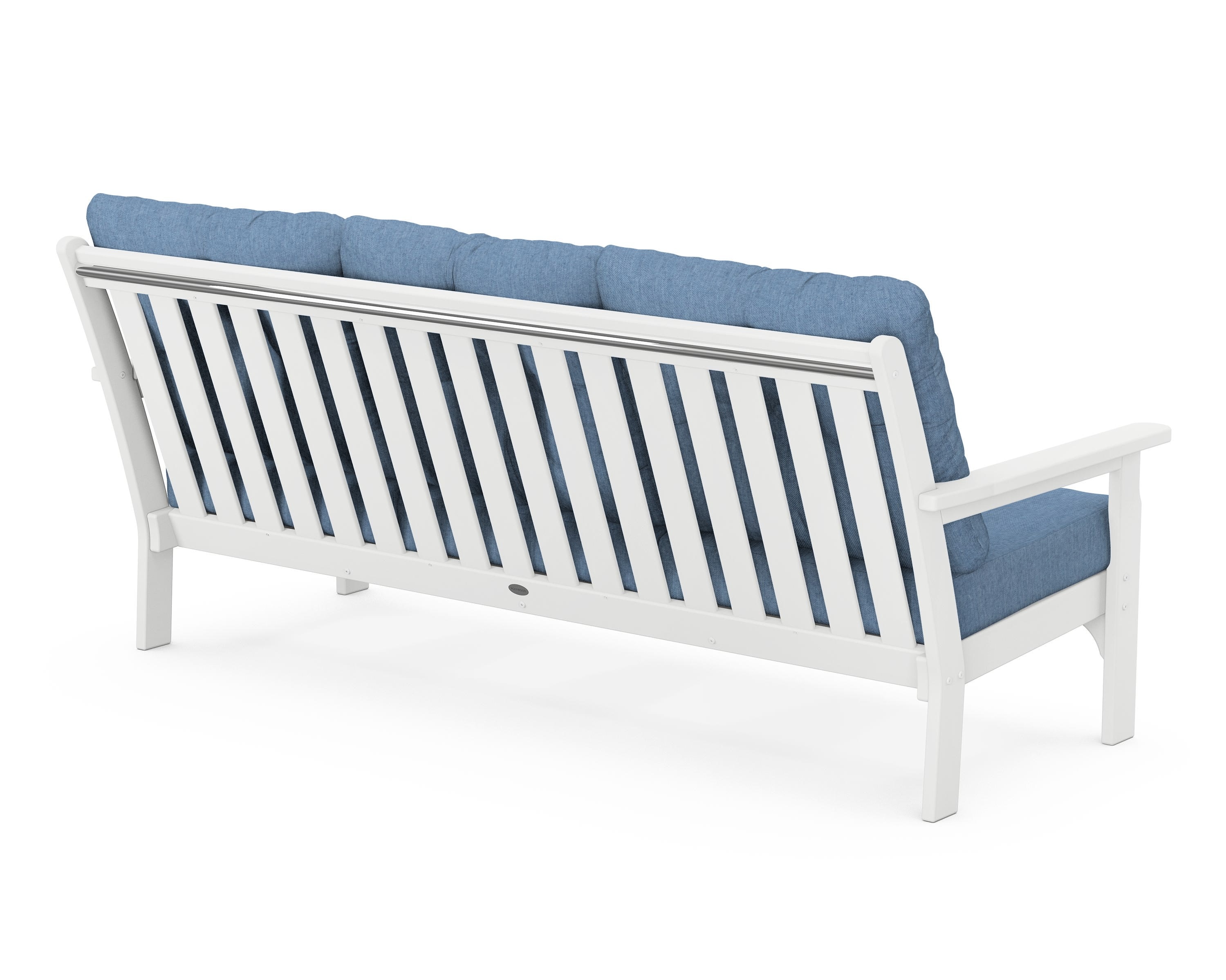 White deep seating sofa with blue fabric and vertical slats on a white background.