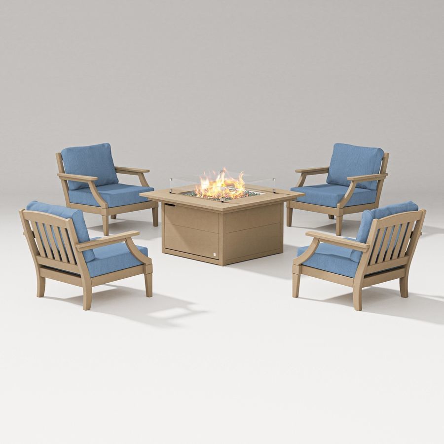 POLYWOOD Estate 5-Piece Lounge Fire Table Set in Vintage Sahara / Sky Blue