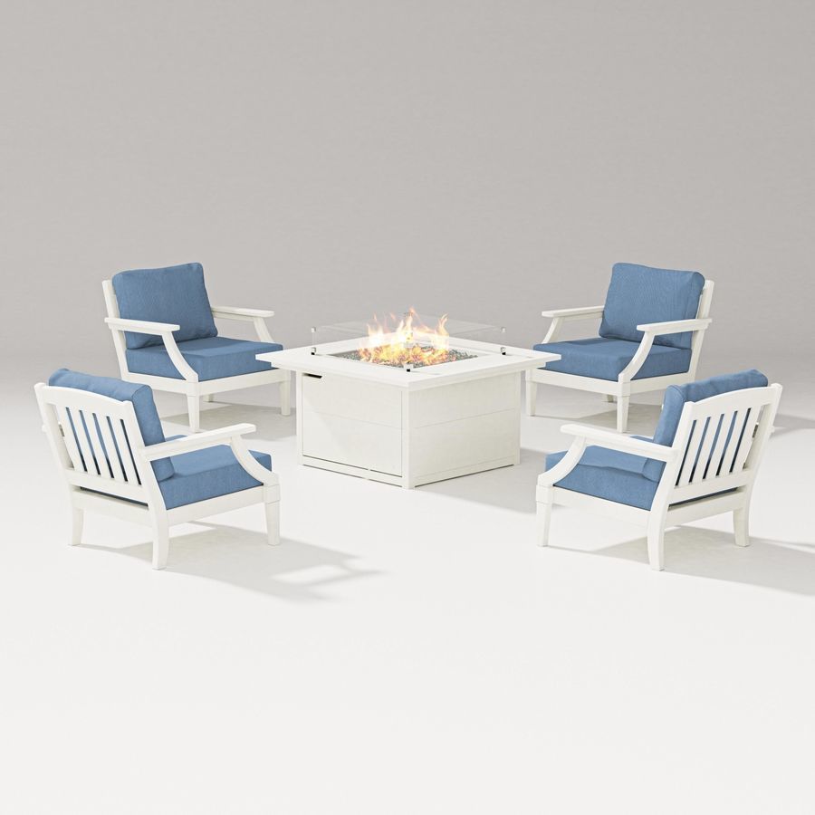 POLYWOOD Estate 5-Piece Lounge Fire Table Set in Vintage White / Sky Blue