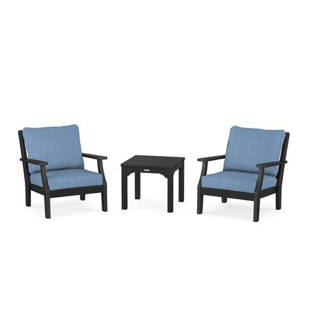 POLYWOOD Chinoiserie 3-Piece Deep Seating Set in Black / Sky Blue