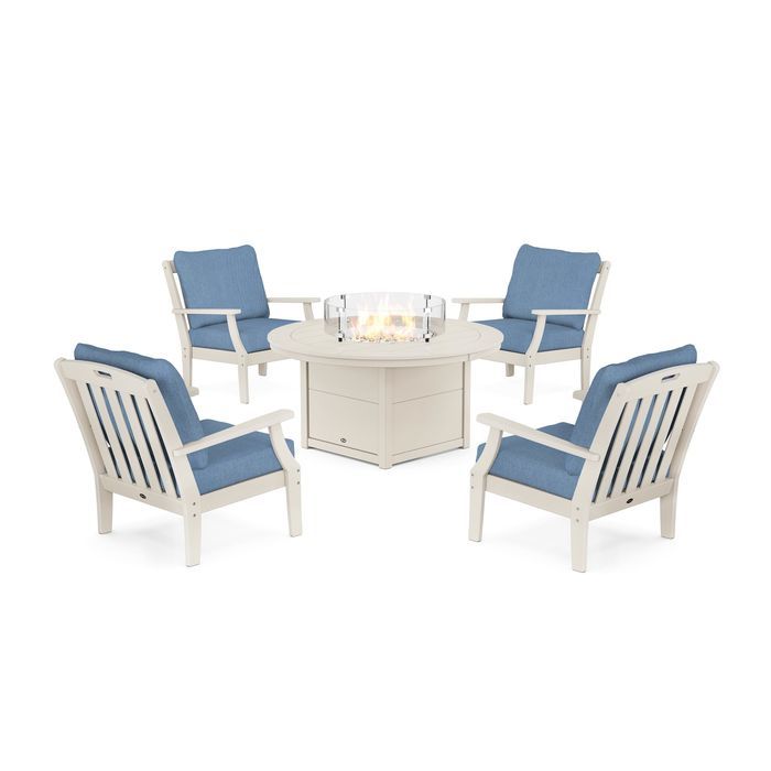 POLYWOOD Yacht Club 5-Piece Deep Seating Set with Round Fire Pit Table