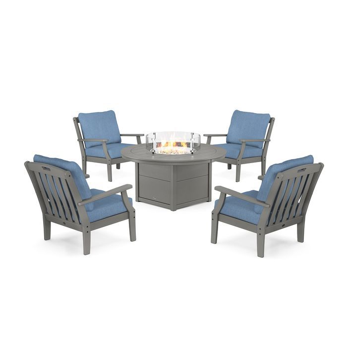 POLYWOOD Yacht Club 5-Piece Deep Seating Set with Round Fire Pit Table