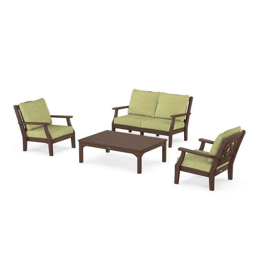 POLYWOOD Chinoiserie 4-Piece Deep Seating Set with Loveseat in Mahogany / Chartreuse Boucle