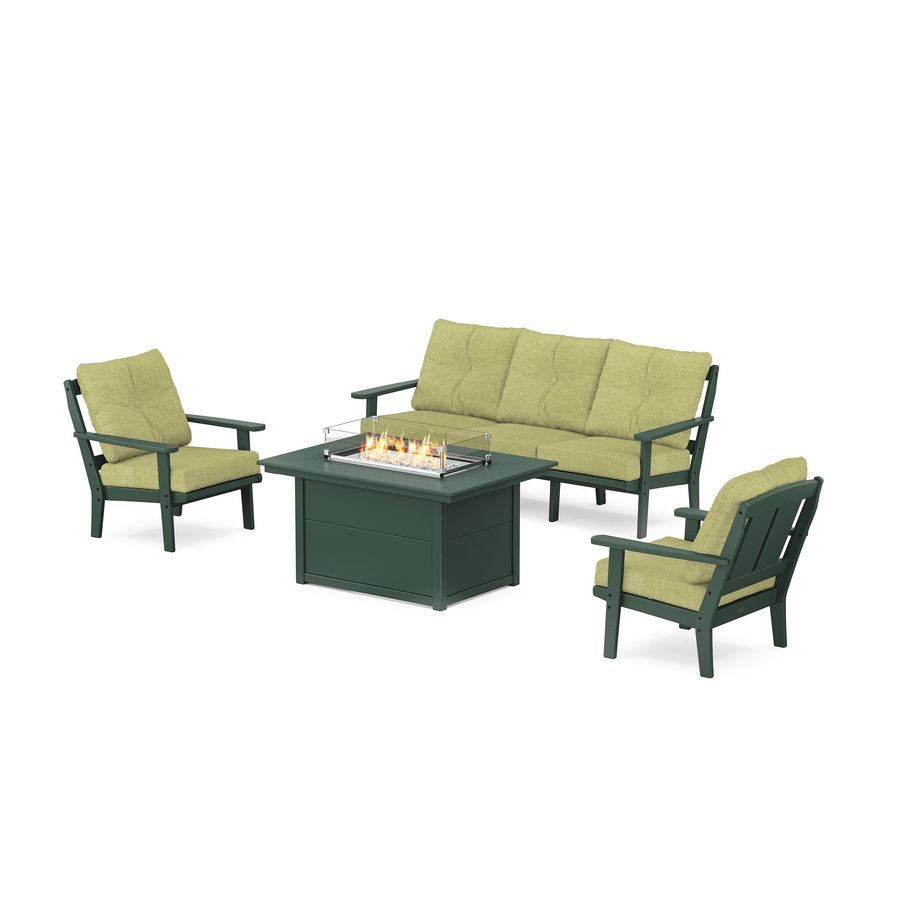 POLYWOOD Mission Deep Seating Fire Pit Table Set in Green / Chartreuse Boucle