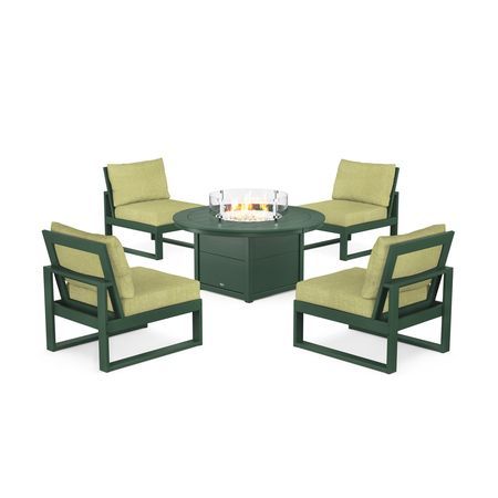POLYWOOD Eastport Modular 5-Piece Deep Seating Set with Round Fire Pit Table in Rainforest Canopy / Chartreuse Boucle