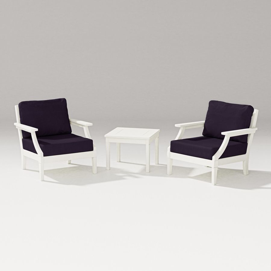 POLYWOOD Estate 3-Piece Lounge Chair Set in Vintage White / Navy Linen