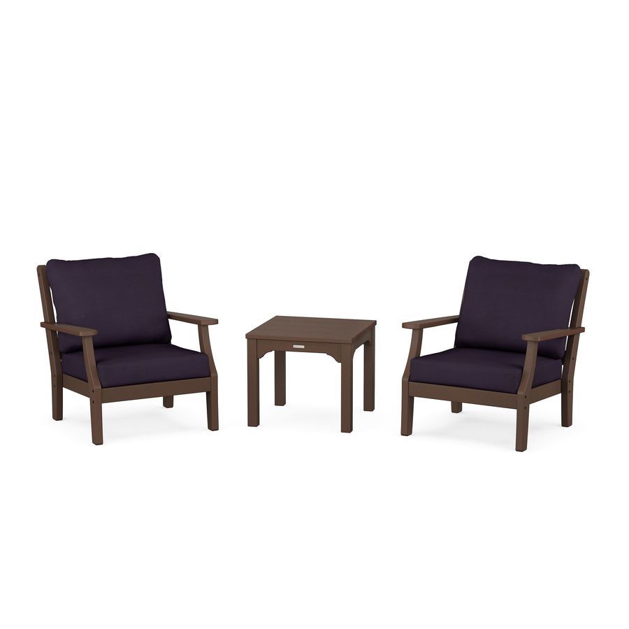 POLYWOOD Chinoiserie 3-Piece Deep Seating Set in Mahogany / Navy Linen