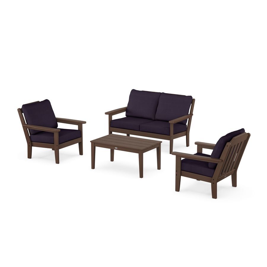 POLYWOOD Country Living 4-Piece Deep Seating Set with Loveseat in Mahogany / Navy Linen