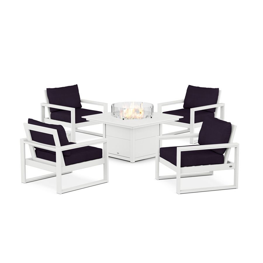 POLYWOOD EDGE Sectional 5-Piece Deep Seating Set with Fire Pit Table in White / Navy Linen