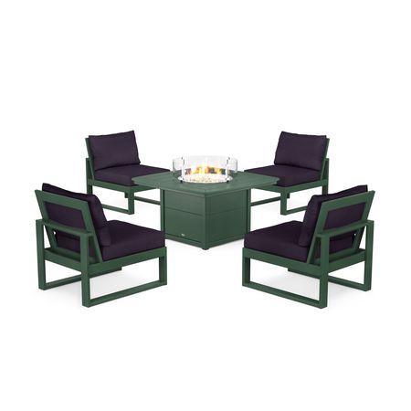 POLYWOOD Eastport Modular 5-Piece Deep Seating Set with Yacht Club Fire Pit Table in Rainforest Canopy / Navy Linen