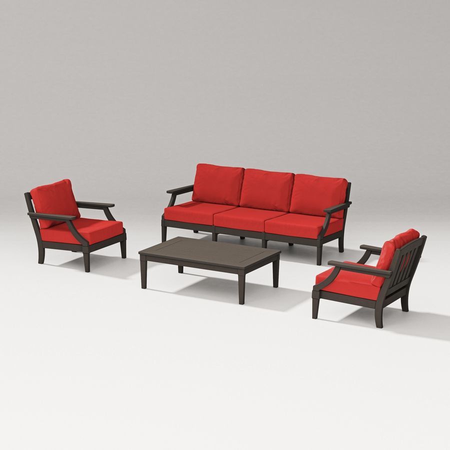 POLYWOOD Estate 4-Piece Lounge Sofa Set in Vintage Coffee / Crimson Linen