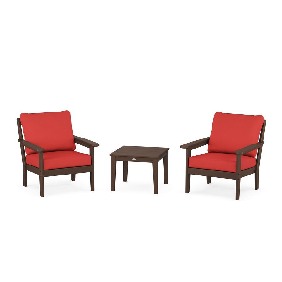 POLYWOOD Country Living 3-Piece Deep Seating Set in Mahogany / Crimson Linen