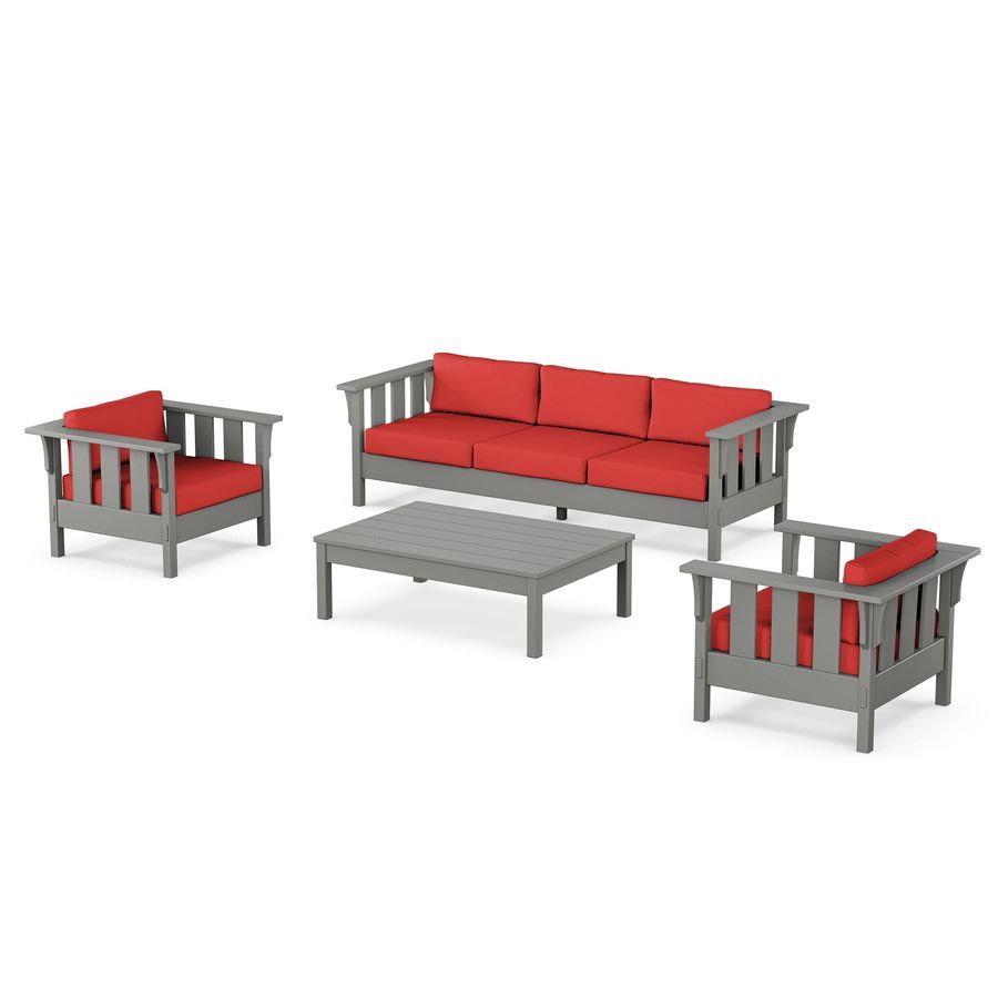 POLYWOOD Acadia 4-Piece Deep Seating Set with Sofa in Slate Grey / Crimson Linen