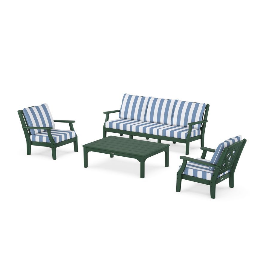 POLYWOOD Chinoiserie 4-Piece Deep Seating Set with Sofa in Green / Cabana Stripe Sky Blue