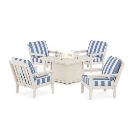 Country Living 5-Piece Deep Seating Set with Fire Pit Table in Sand / Cabana Stripe Sky Blue