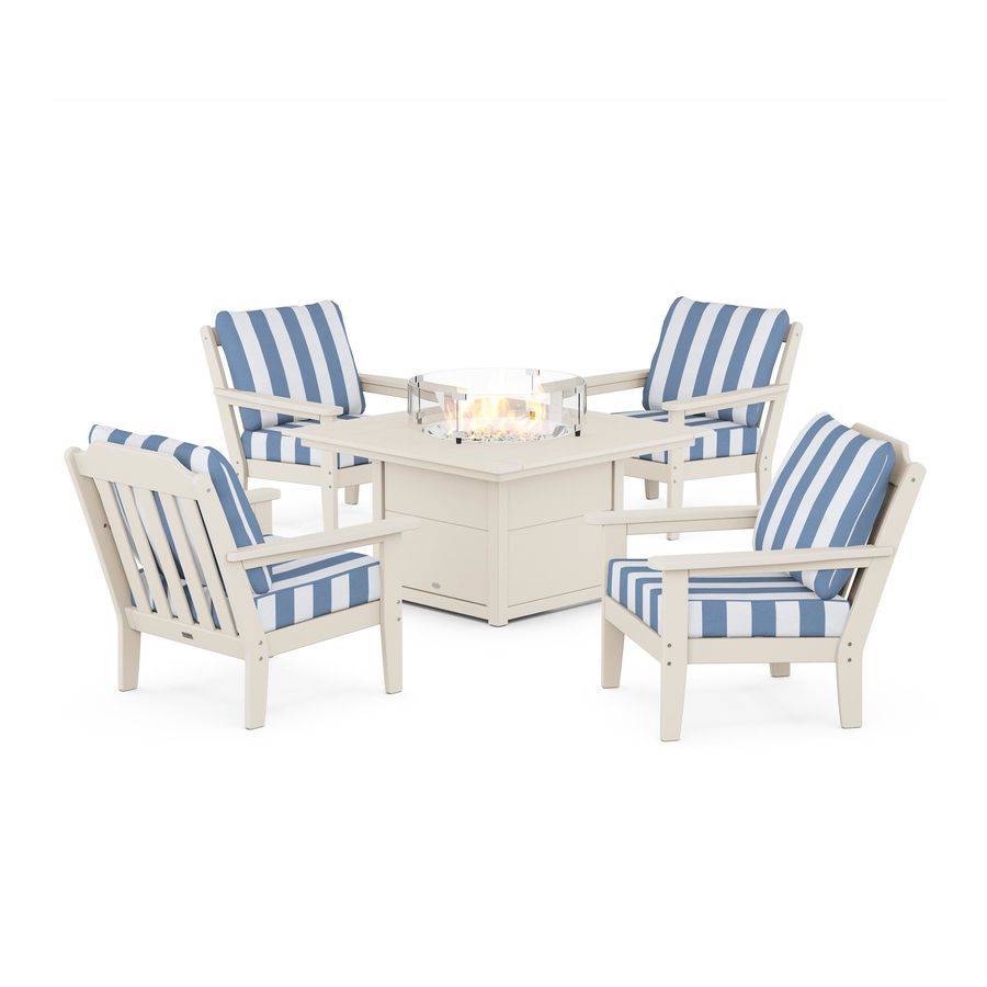 POLYWOOD Country Living 5-Piece Deep Seating Set with Fire Pit Table in Sand / Cabana Stripe Sky Blue