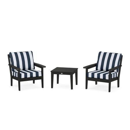 POLYWOOD Country Living 3-Piece Deep Seating Set in Black / Cabana Stripe Marine Indigo