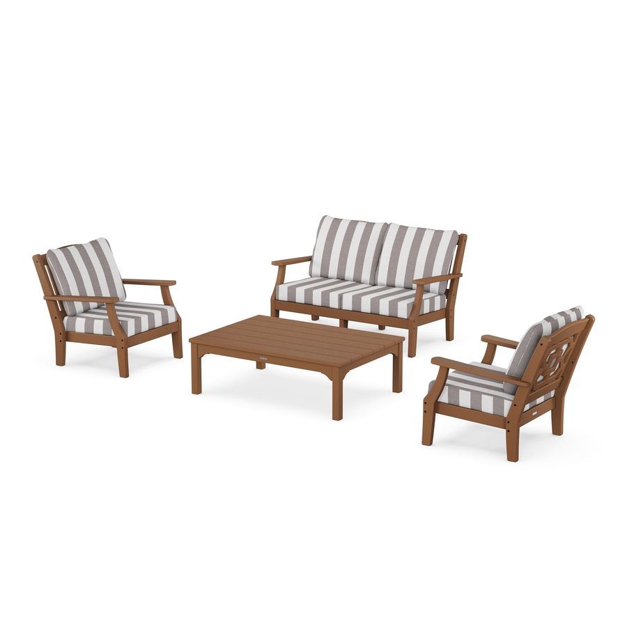 POLYWOOD Chinoiserie 4-Piece Deep Seating Set with Loveseat in Teak / Cabana Stripe Grey Mist