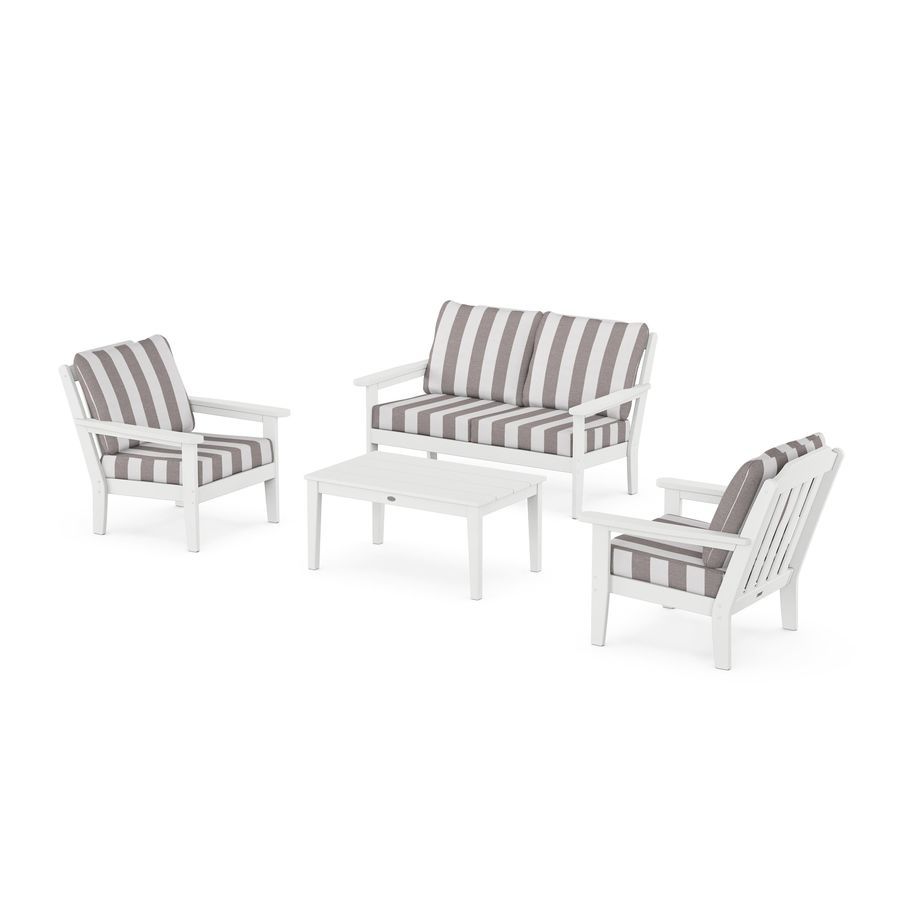POLYWOOD Country Living 4-Piece Deep Seating Set with Loveseat in White / Cabana Stripe Grey Mist