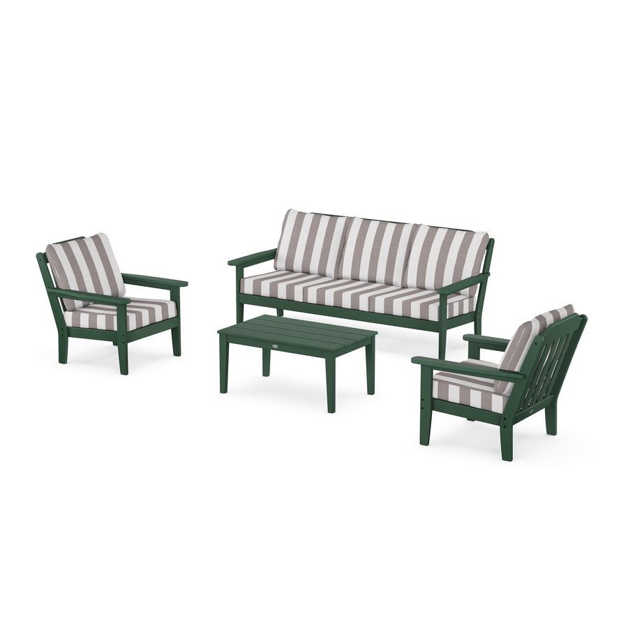 POLYWOOD Country Living 4-Piece Deep Seating Set with Sofa in Green / Cabana Stripe Grey Mist
