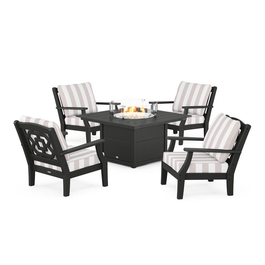 POLYWOOD Chinoiserie 5-Piece Deep Seating Set with Fire Pit Table in Black / Cabana Stripe Dune Burlap