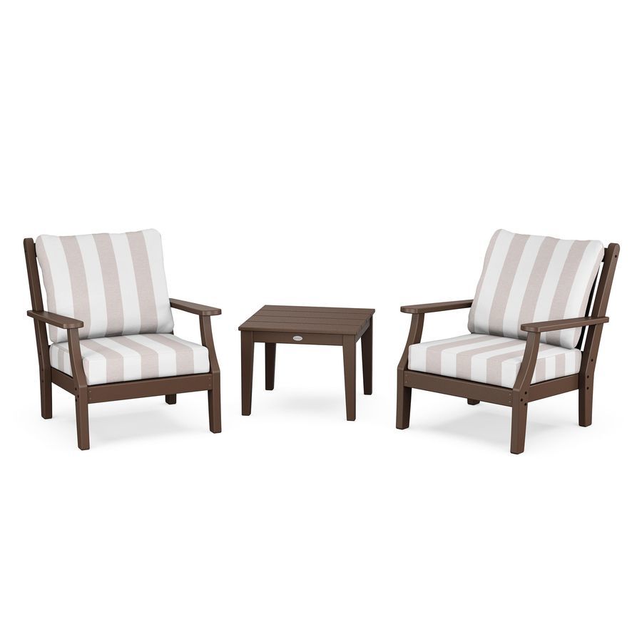 POLYWOOD Wovendale 3-Piece Deep Seating Set in Mahogany / Cabana Stripe Dune Burlap