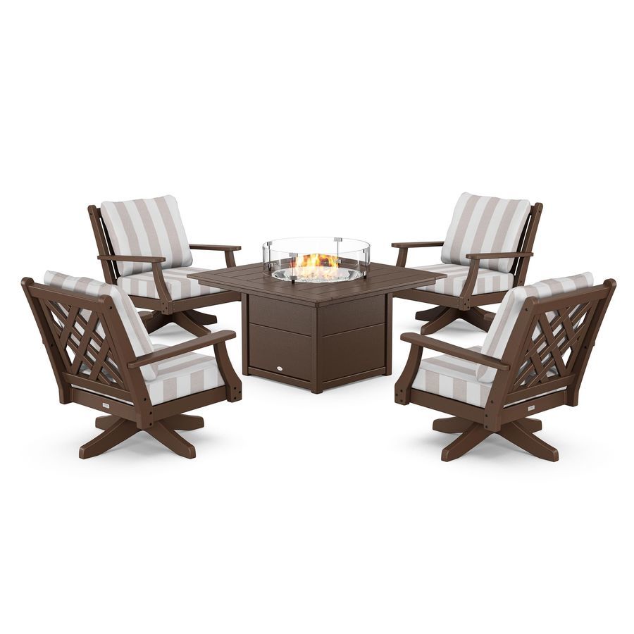 POLYWOOD Wovendale 5-Piece Deep Seating Swivel Conversation Set with Fire Pit Table in Mahogany / Cabana Stripe Dune Burlap