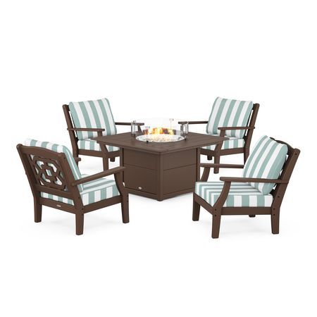 Chinoiserie 5-Piece Deep Seating Set with Fire Pit Table in Mahogany / Cabana Stripe Glacier Spa