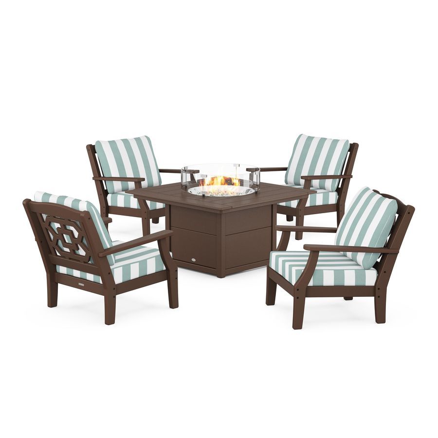 POLYWOOD Chinoiserie 5-Piece Deep Seating Set with Fire Pit Table in Mahogany / Cabana Stripe Glacier Spa