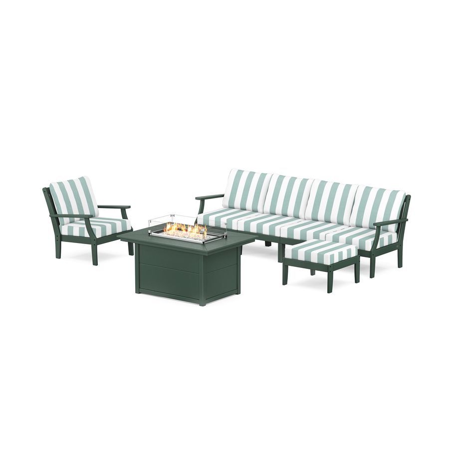 POLYWOOD Braxton Sectional Lounge and Fire Pit Set in Green / Cabana Stripe Glacier Spa