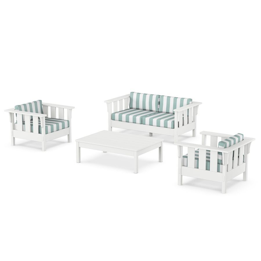 POLYWOOD Acadia 4-Piece Deep Seating Set with Loveseat in White / Cabana Stripe Glacier Spa