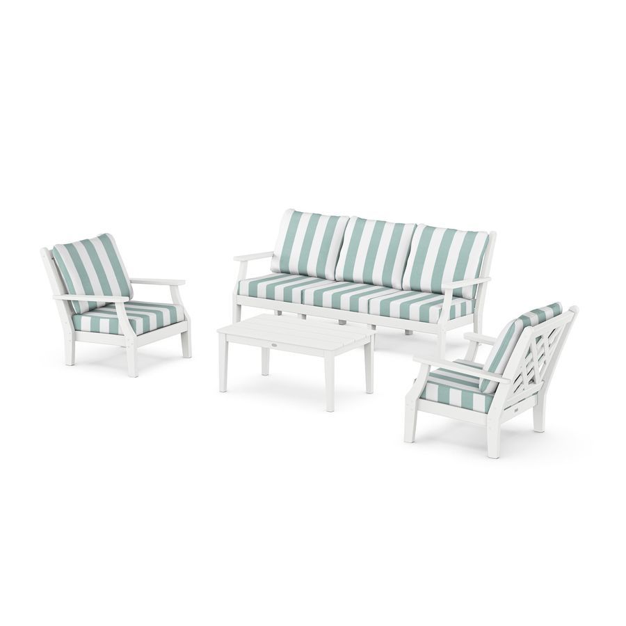 POLYWOOD Wovendale 4-Piece Deep Seating Set with Sofa in White / Cabana Stripe Glacier Spa