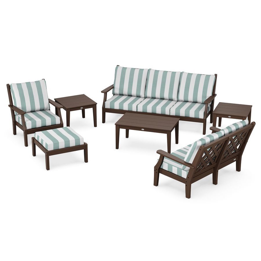 POLYWOOD Wovendale 7-Piece Deep Seating Set in Mahogany / Cabana Stripe Glacier Spa