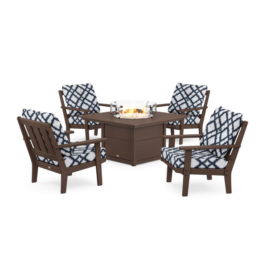 POLYWOOD Oxford 5-Piece Deep Seating Set with Fire Pit Table in Mahogany / Trellis Marine Indigo