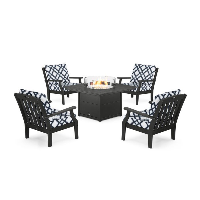 POLYWOOD Yacht Club 5-Piece Deep Seating Set with Square Fire Pit Table