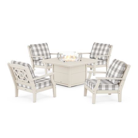 Chinoiserie 5-Piece Deep Seating Set with Fire Pit Table in Sand / Buffalo Plaid Grey Mist
