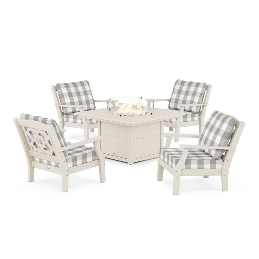 POLYWOOD Chinoiserie 5-Piece Deep Seating Set with Fire Pit Table in Sand / Buffalo Plaid Grey Mist