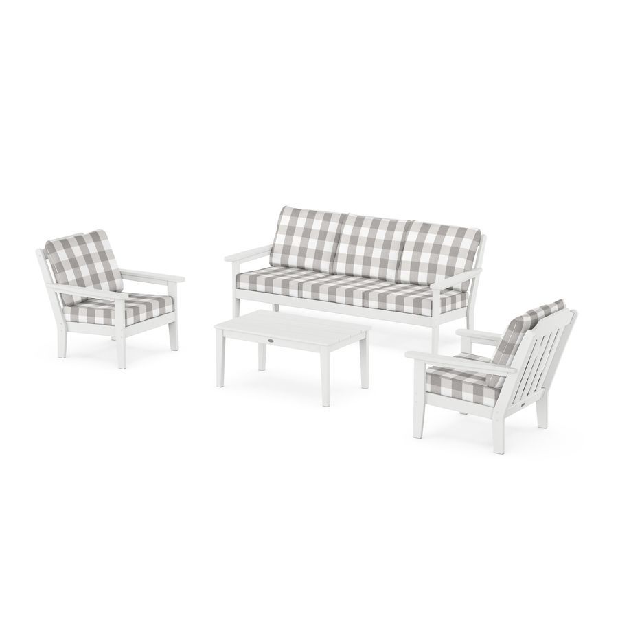 POLYWOOD Country Living 4-Piece Deep Seating Set with Sofa in White / Buffalo Plaid Grey Mist