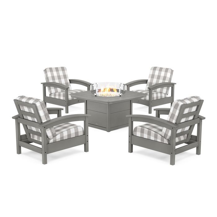 POLYWOOD Rockport 5-Piece Deep Seating Set with Yacht Club Fire Pit Table